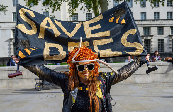 Save the Bees Demonstrantin mit Banner 