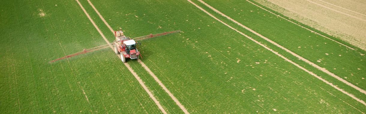 Traktor spritzt auf dem Feld