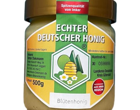 DIB Honigglas 500g mit Blütenhonig von vorn.