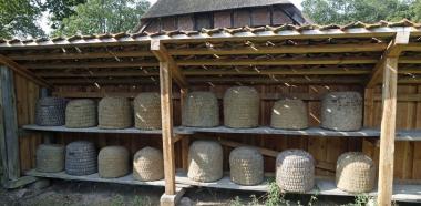 Bienenkörbe stehen im Bienenhaus